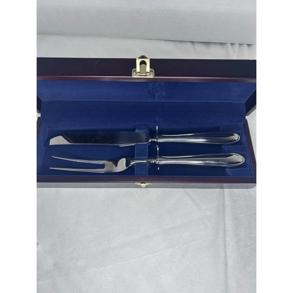 Hampton Silversmiths Stainless Steel Carving Knife and Fork‎ Set w Wood Box NEW